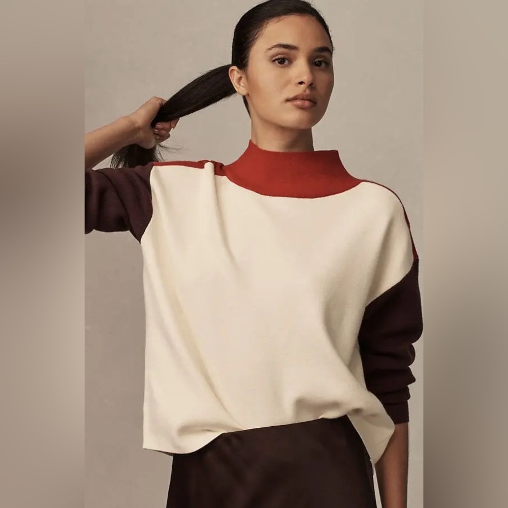 Maeve The Carys Mock Neck Sweater Cream Red and Purple Colorblock Anthropologie